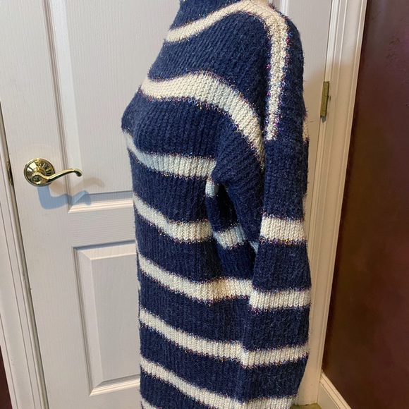 Loi Navy & White Stripped Turtleneck Sweater with Thread of Glitter - Picture 3 of 4